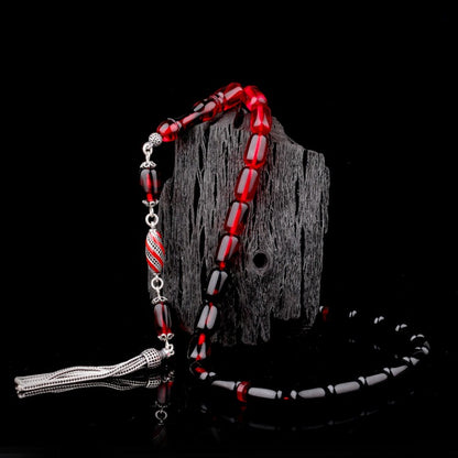 925 Ayar Mineli Püsküllü Süzme Ateş Kehribar Tesbih