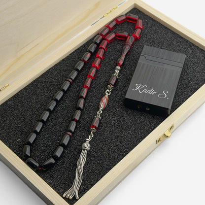 Kişiye Özel Ateş Kehribar Tesbih & Çakmak Hediye Seti