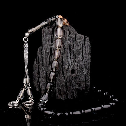 925 Ayar Gümüş Püsküllü Gri-Siyah Süzme Kehribar Tesbih