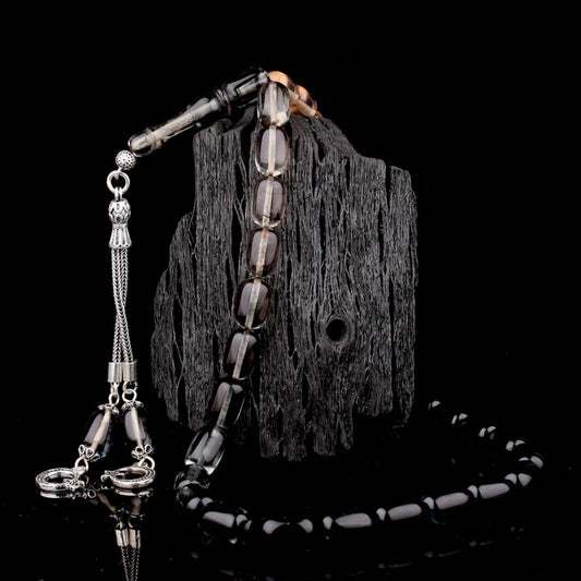 925 Ayar Gümüş Püsküllü Gri-Siyah Süzme Kehribar Tesbih