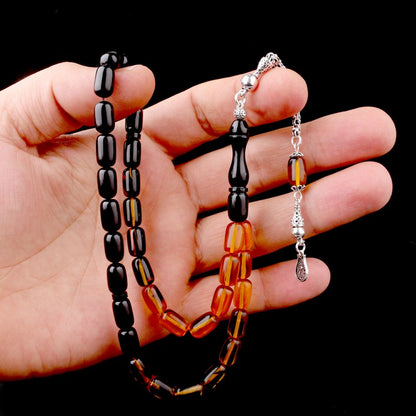 925 Ayar Gümüş Püsküllü Sarı-Siyah Süzme Kehribar Tesbih