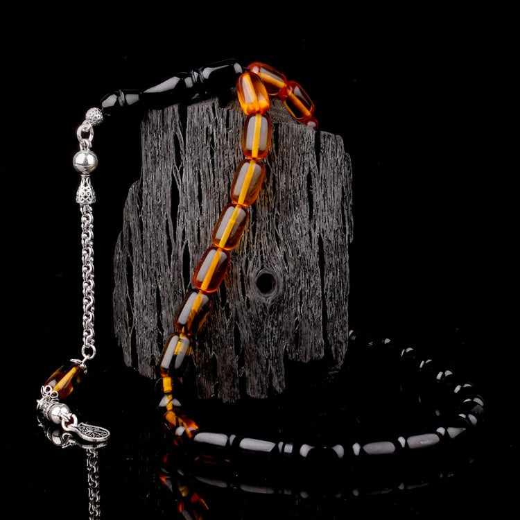 925 Ayar Gümüş Püsküllü Sarı-Siyah Süzme Kehribar Tesbih