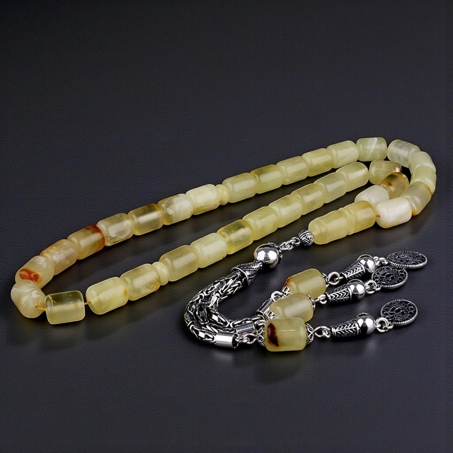 925 Ayar Gümüş Kral Püsküllü Kapsül Kesim Damla Kehribar Tesbih