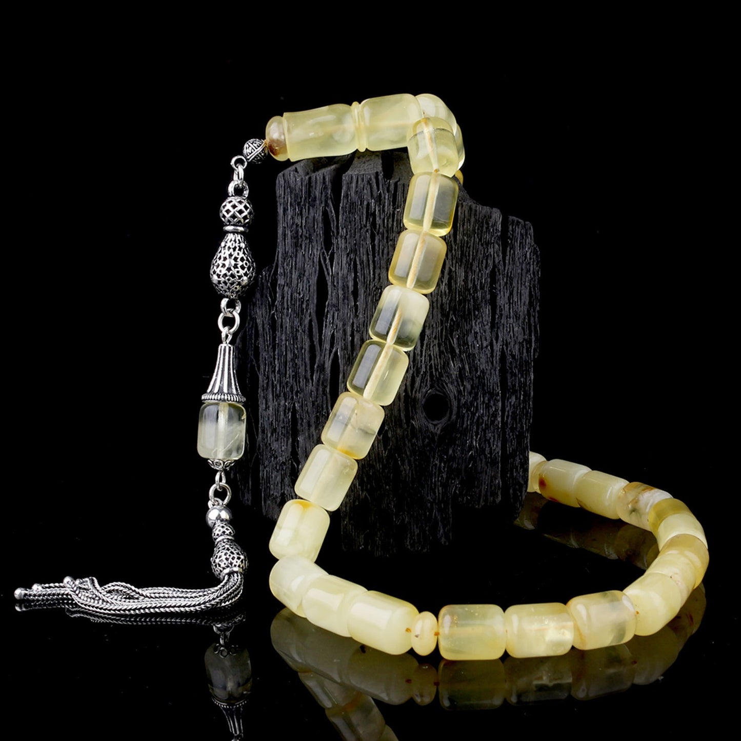 925 Ayar Gümüş Püsküllü Kapsül Kesim Damla Kehribar Tesbih