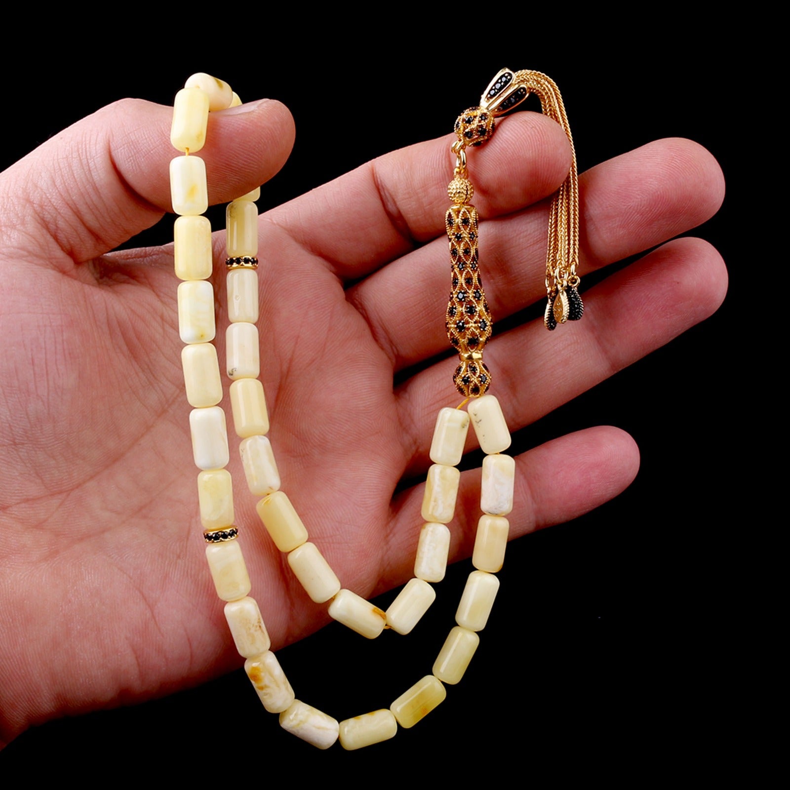 Yellow Capsule-Cut Amber Tasbih | 925 Sterling Silver