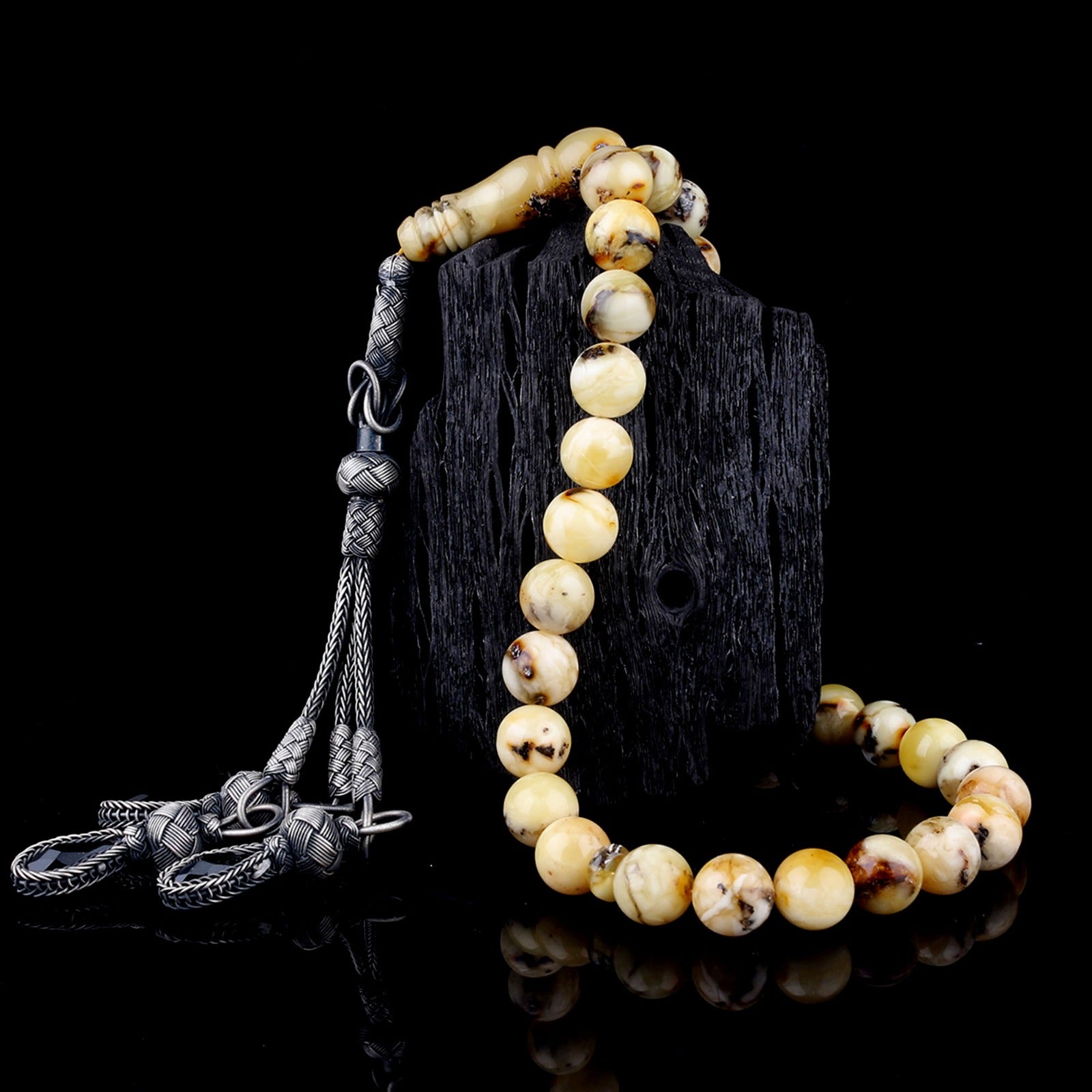 Tasbih en Ambre Jaune et Noir, Taille Ronde | Pompon Kazaz en Argent