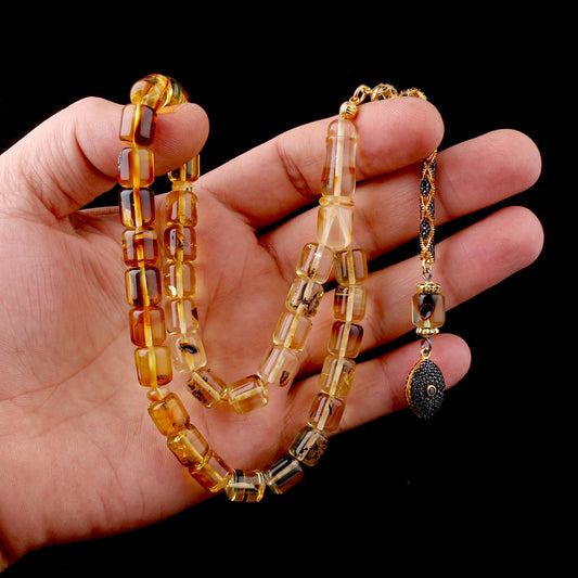 Kapsül Kesim Sarı-Siyah Damla Kehribar Tesbih