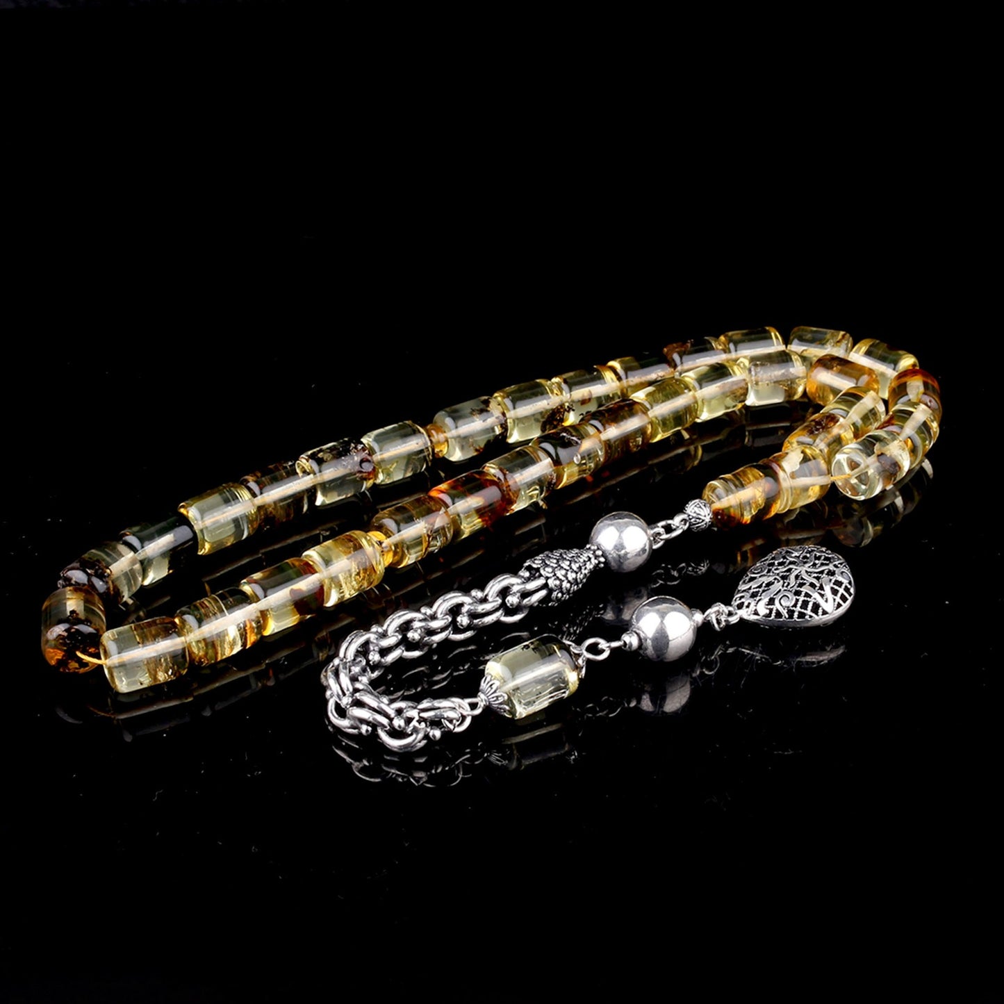 Fosilli Damla Kehribar Tesbih Kapsül Kesim