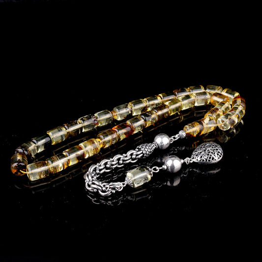 Fosilli Damla Kehribar Tesbih Kapsül Kesim