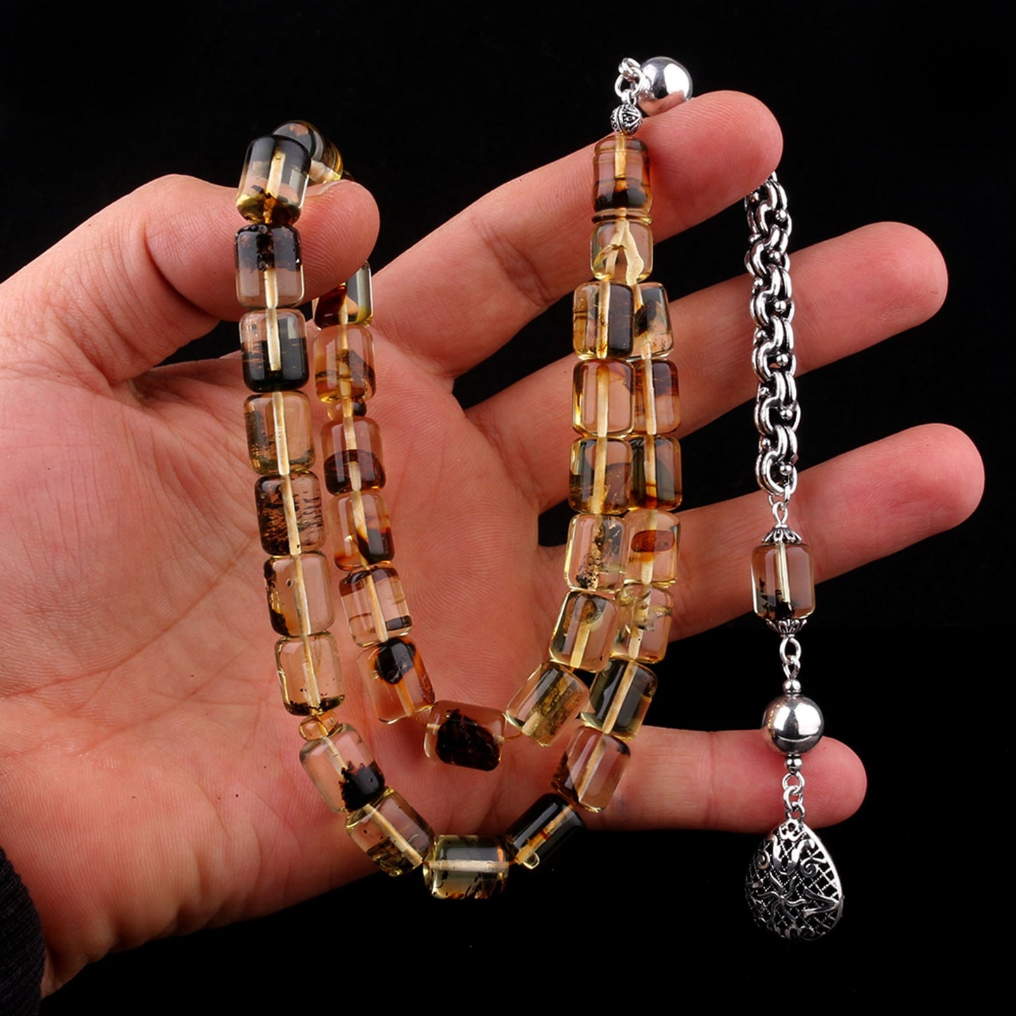 Fosilli Damla Kehribar Tesbih Kapsül Kesim