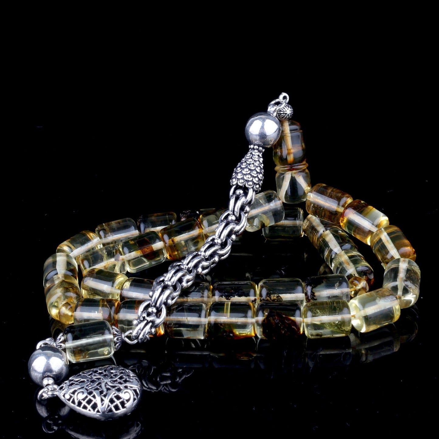 Fosilli Damla Kehribar Tesbih Kapsül Kesim