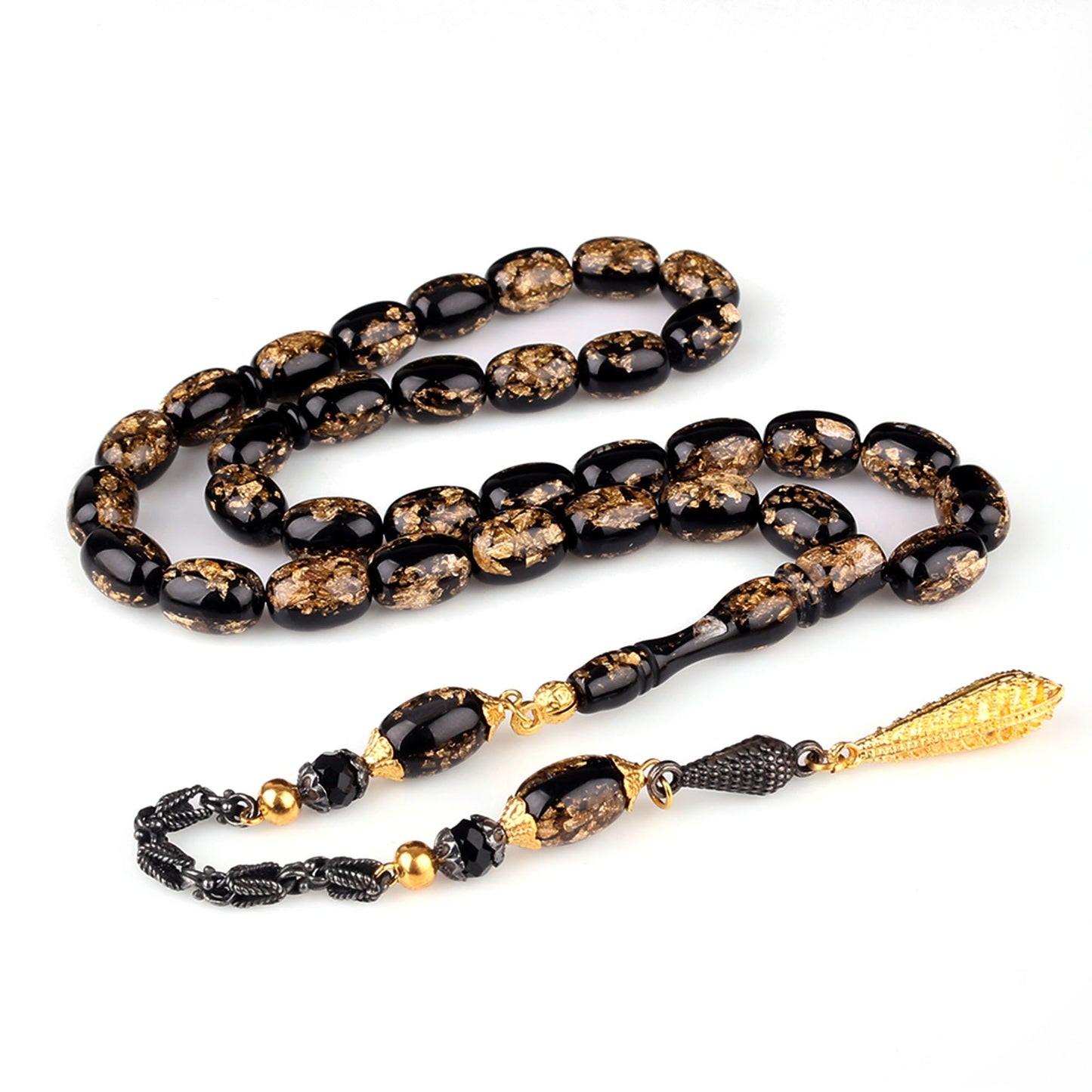 Parçalı Hareli Sıkma Kehribar Tesbih (Bafon Püsküllü)