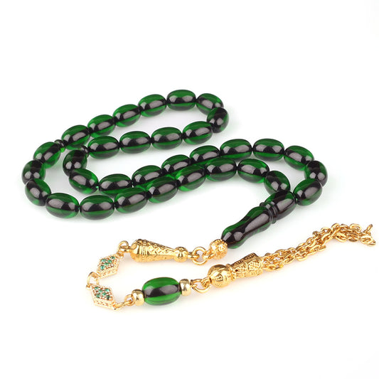 Yeşil Sıkma Kehribar Tesbih (Bafon Püsküllü)