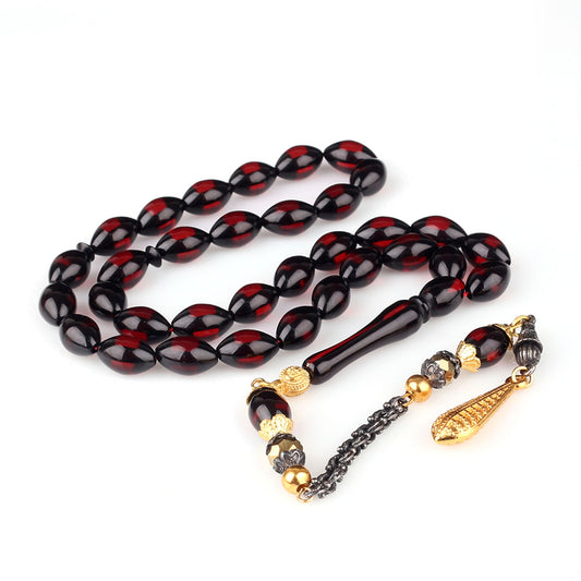 Sürmeli Kırmızı-Siyah Ateş Kehribar Tesbih (Alpaga Püsküllü)