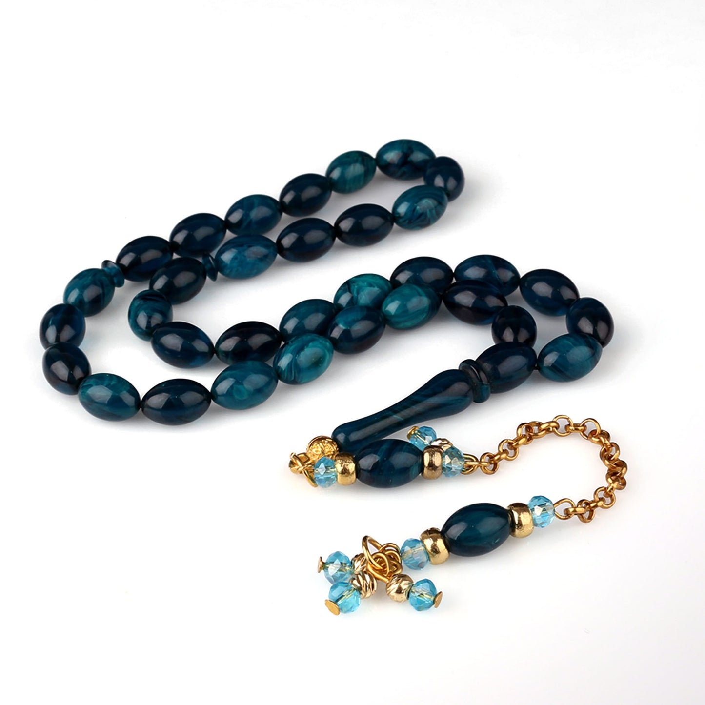 Hareli Mavi Sıkma Kehribar Tesbih (Alpaga Püsküllü)