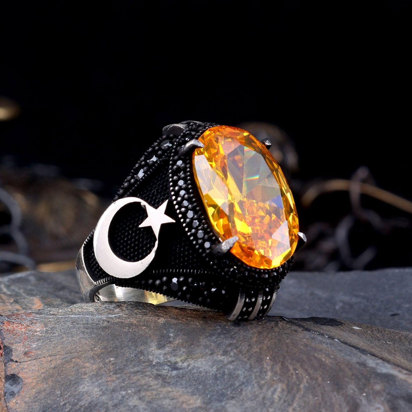 925 Ayar Gümüş Sarı Zirkon Ayyıldız Erkek Yüzük