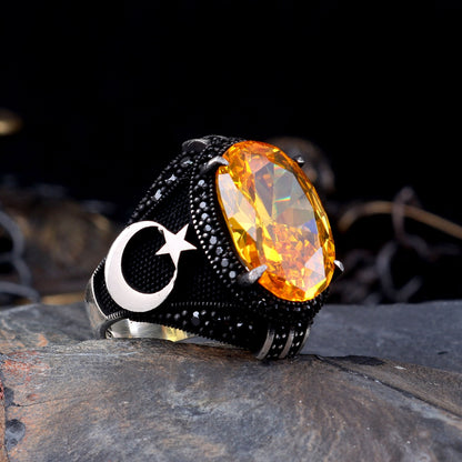 925 Ayar Gümüş Sarı Zirkon Ayyıldız Erkek Yüzük