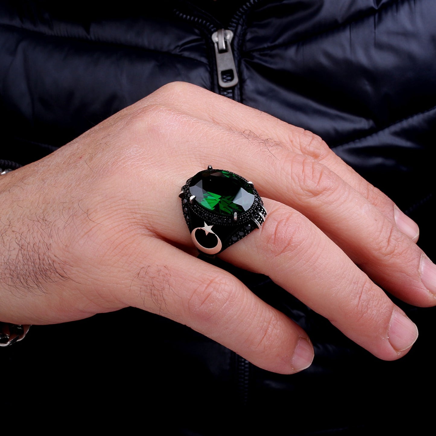 925 Ayar Gümüş Yeşil Zirkon Taşlı Ayyıldız Model Yüzük