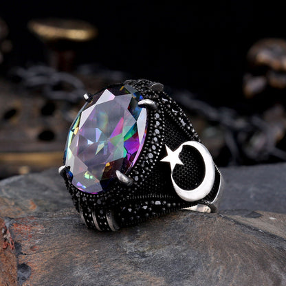 925 Ayar Gümüş Mistik Topaz Taşlı Ayyıldız Model Yüzük