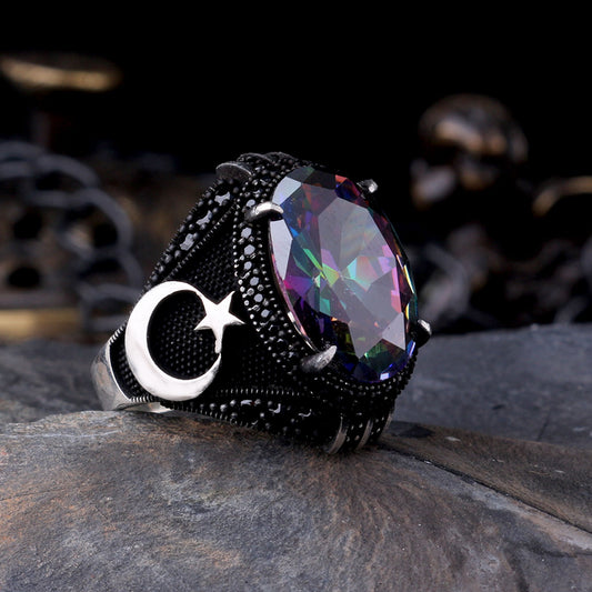 925 Ayar Gümüş Mistik Topaz Taşlı Ayyıldız Model Yüzük