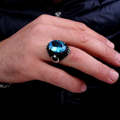 925 Ayar Gümüş Aqua Marin Zirkon Taşlı Ayyıldız Model Yüzük