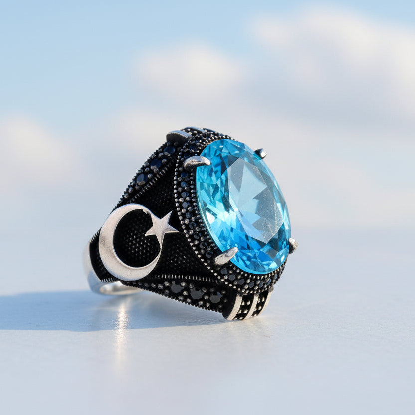 925 Ayar Gümüş Aqua Marin Zirkon Taşlı Ayyıldız Model Yüzük