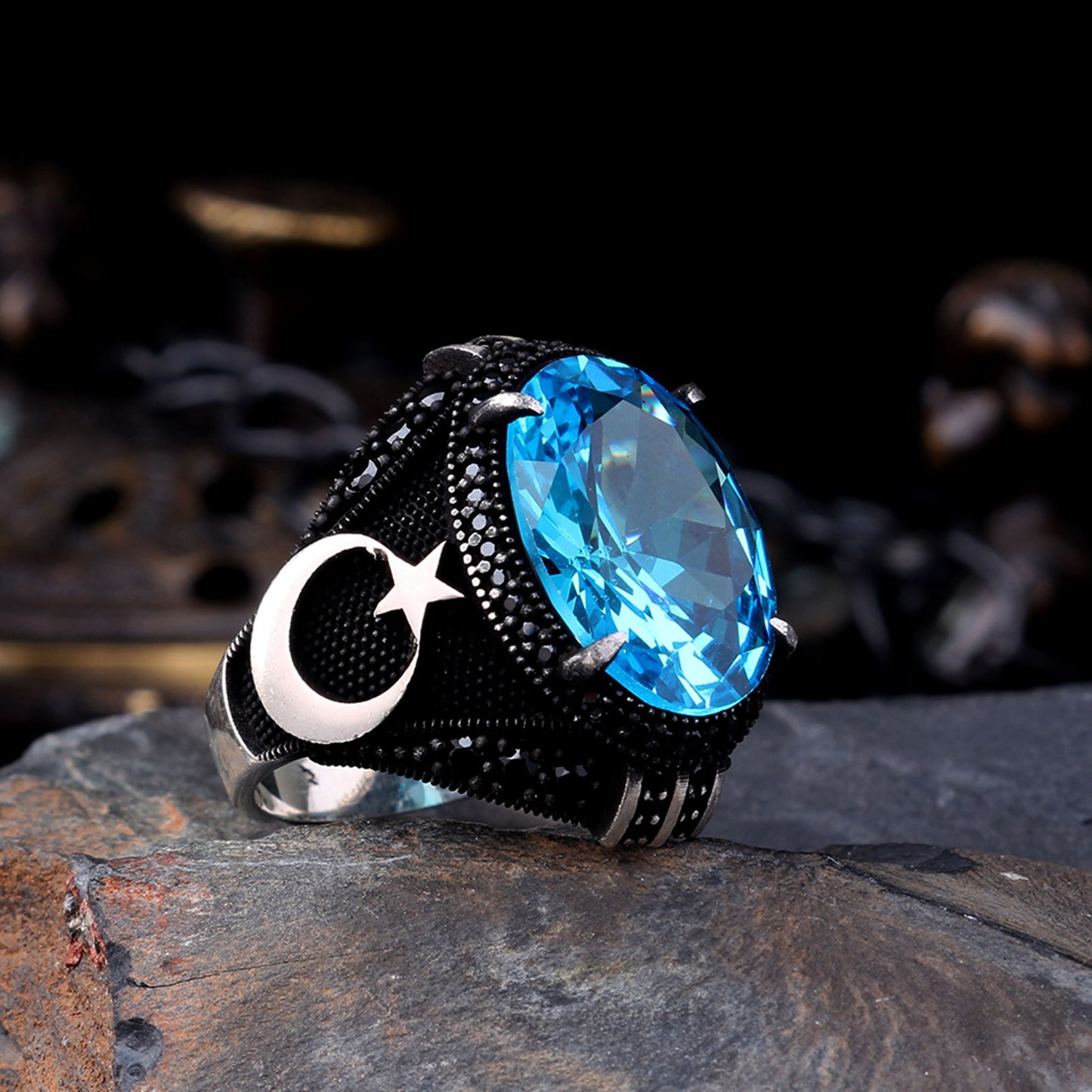 925 Ayar Gümüş Aqua Marin Zirkon Taşlı Ayyıldız Model Yüzük