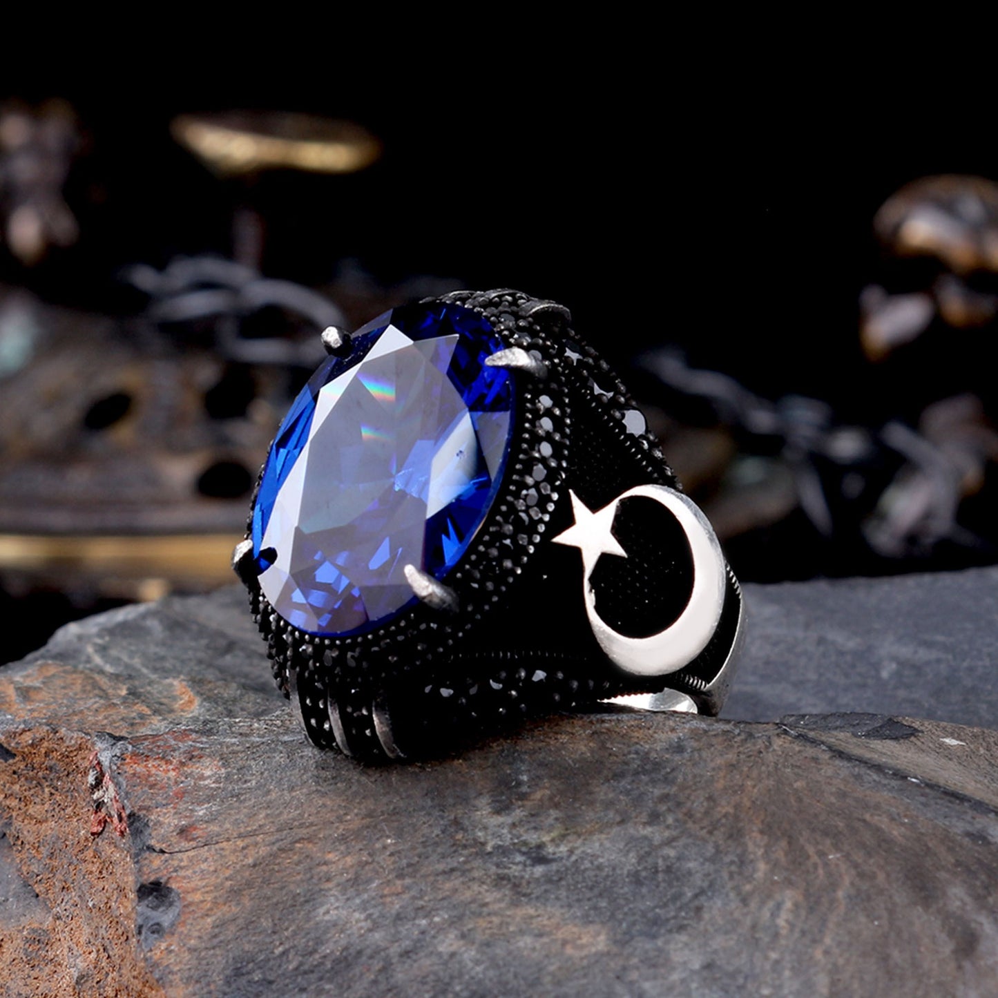 925 Ayar Gümüş Lacivert Zirkon Taşlı Ayyıldız Model Yüzük