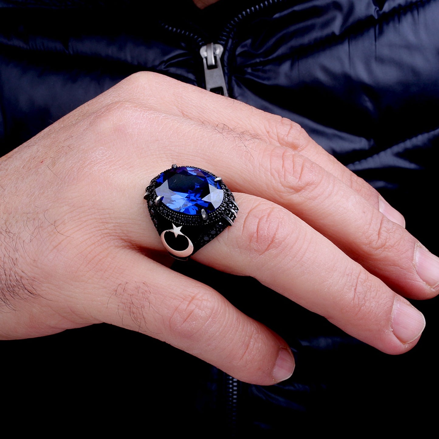 925 Ayar Gümüş Lacivert Zirkon Taşlı Ayyıldız Model Yüzük