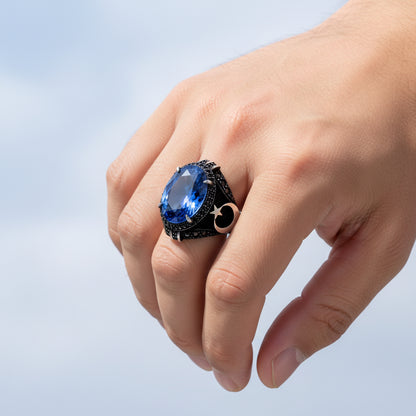 925 Ayar Gümüş Lacivert Zirkon Taşlı Ayyıldız Model Yüzük