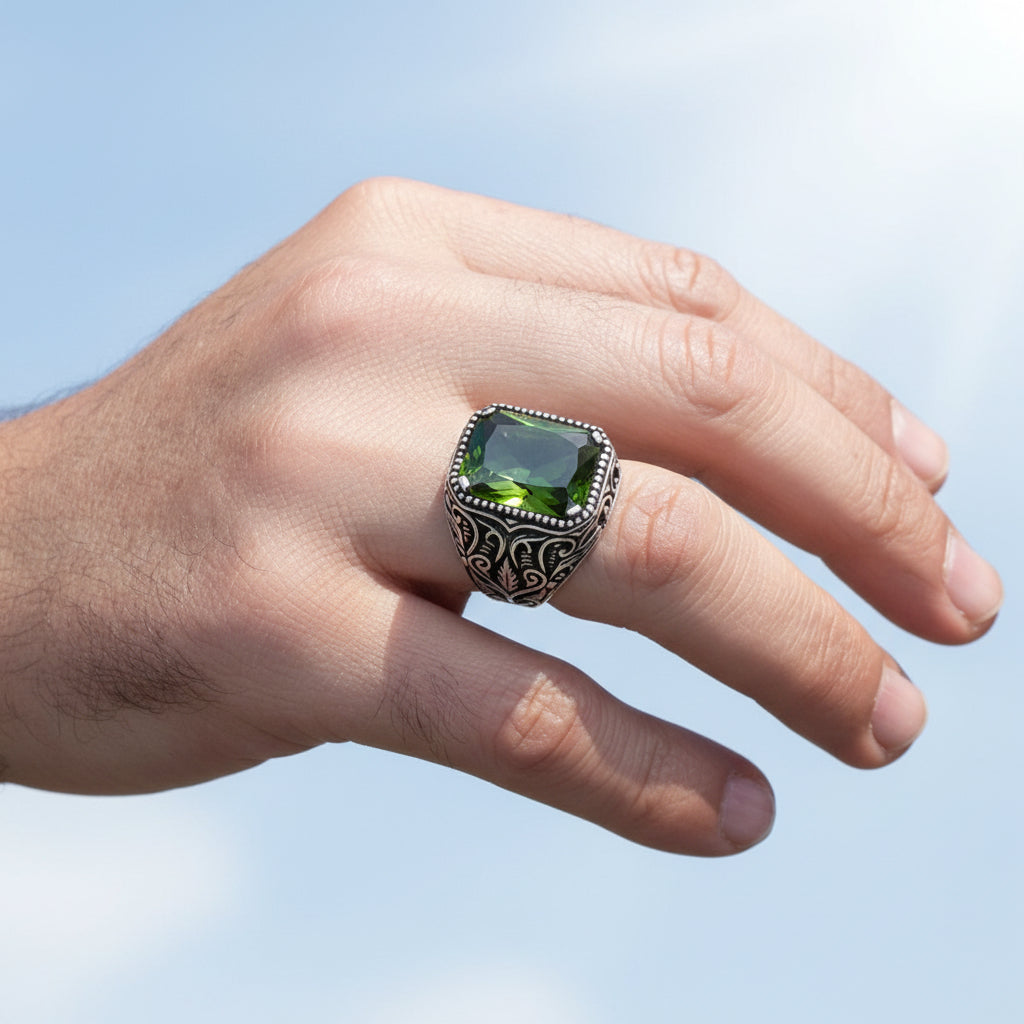 925 Ayar Gümüş Haki Zirkon Taşlı Erkek Yüzük