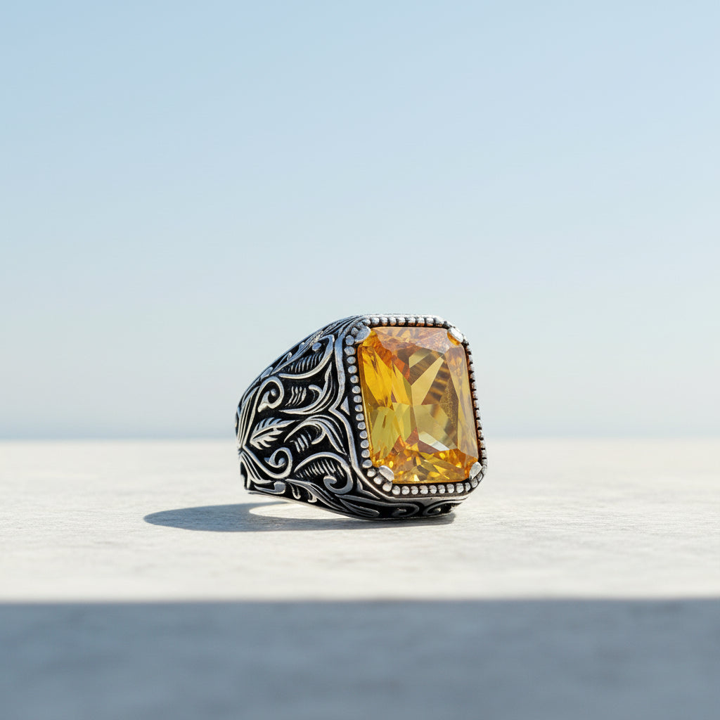 925 Ayar Gümüş Sarı Zirkon Taşlı Erkek Yüzük