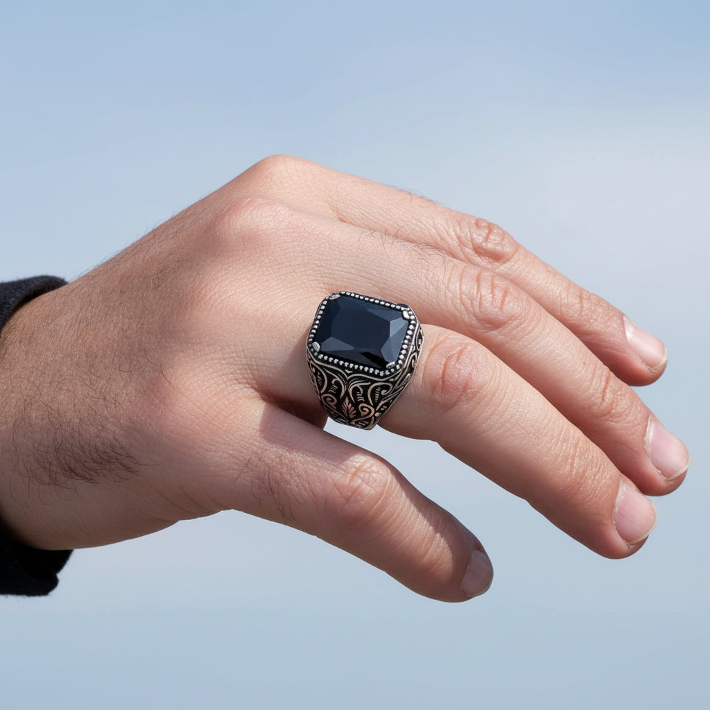 925 Ayar Gümüş Siyah Zirkon Taşlı Erkek Yüzük