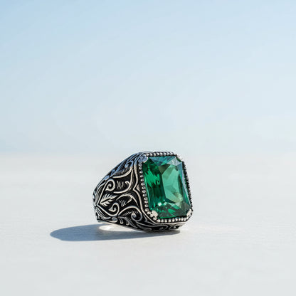 925 Ayar Gümüş Yeşil Zirkon Taşlı Erkek Yüzük