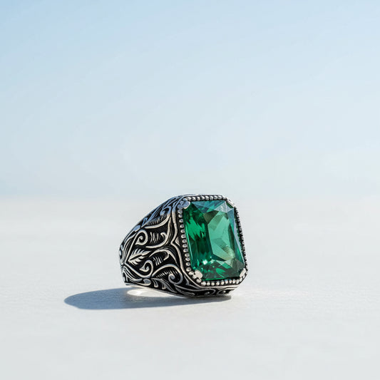 925 Ayar Gümüş Yeşil Zirkon Taşlı Erkek Yüzük