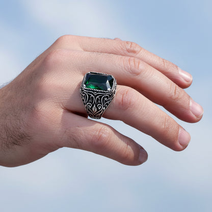 925 Ayar Gümüş Yeşil Zirkon Taşlı Erkek Yüzük