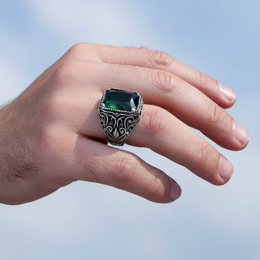 925 Ayar Gümüş Yeşil Zirkon Taşlı Erkek Yüzük