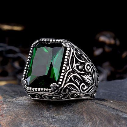 925 Ayar Gümüş Yeşil Zirkon Taşlı Erkek Yüzük