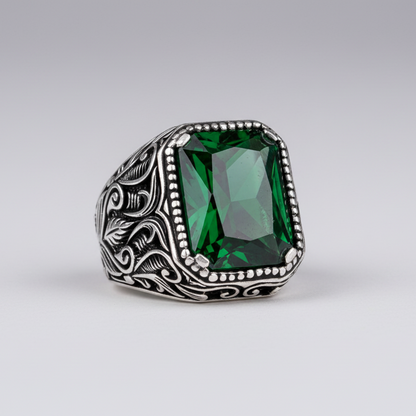 925 Ayar Gümüş Yeşil Zirkon Taşlı Erkek Yüzük