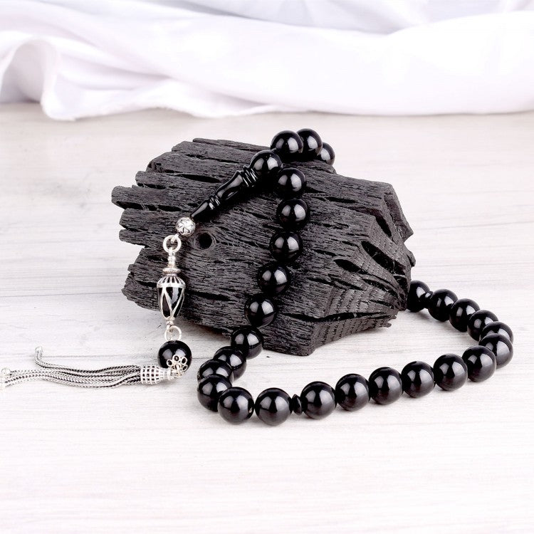 Mineli Püsküllü Ateş Kehribar Tesbih (925 Ayar Gümüş) 9mm Siyah