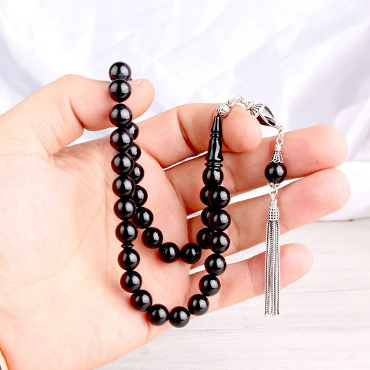 Mineli Püsküllü Ateş Kehribar Tesbih (925 Ayar Gümüş) 9mm Siyah