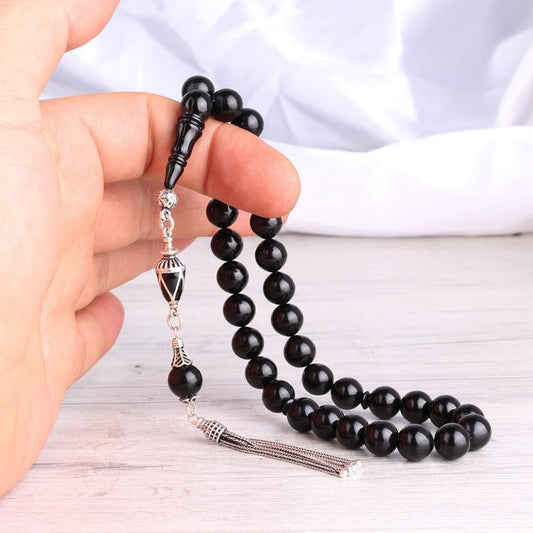 Mineli Püsküllü Ateş Kehribar Tesbih (925 Ayar Gümüş) 9mm Siyah