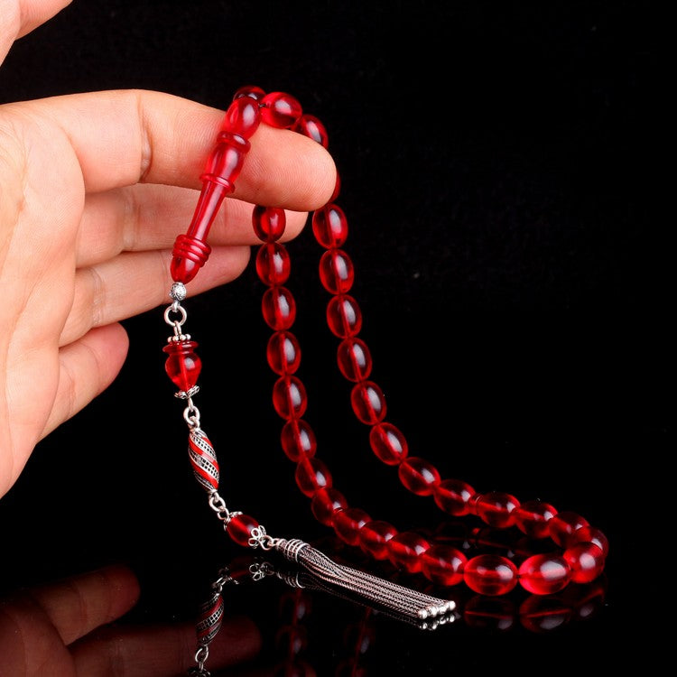 Mineli Püsküllü Kırmızı Ateş Kehribar Tesbih