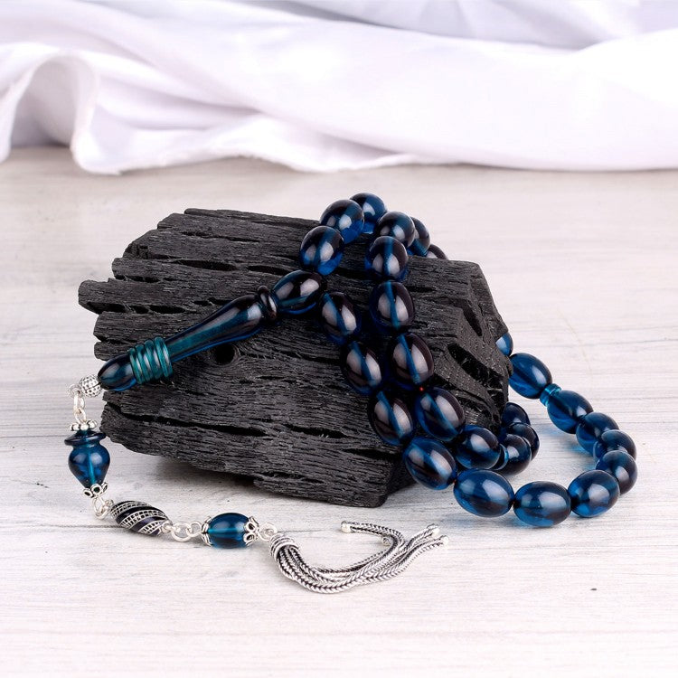 Mineli Püsküllü Mavi Ateş Kehribar Tesbih