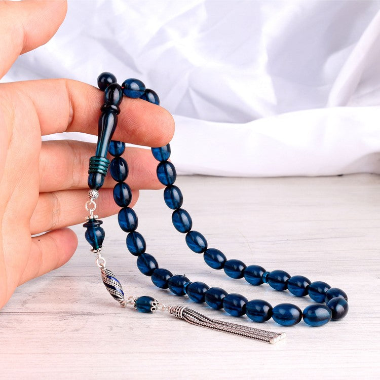 Enamel Tasselled Blue Fire Amber Prayer Beads