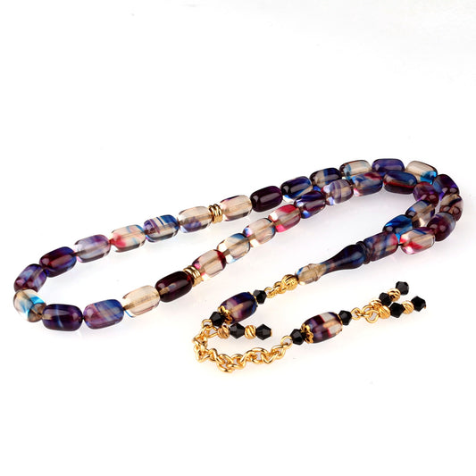 Ebruli Ateş Kehribar Tesbih Metal Parçalı Püskül (Mavi-Mor)