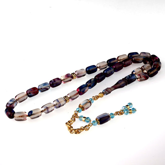 Ebruli Ateş Kehribar Tesbih Metal Parçalı Püskül (Turkuaz Kristalli)