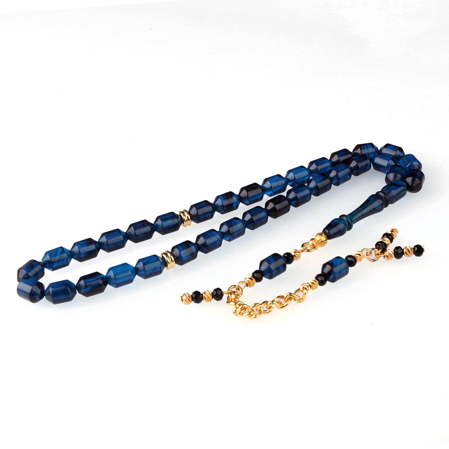 Lacivert Ateş Kehribar Tesbih Metal Parçalı Zincir Püskül (Siyah Detaylı)