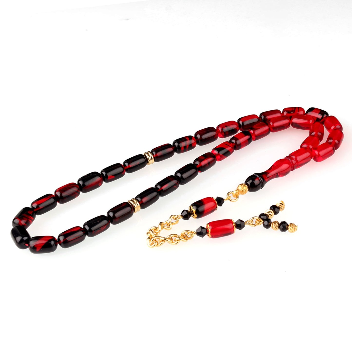 Ateş Kehribar Tesbih Kırmızı Siyah Çubuk Kesim