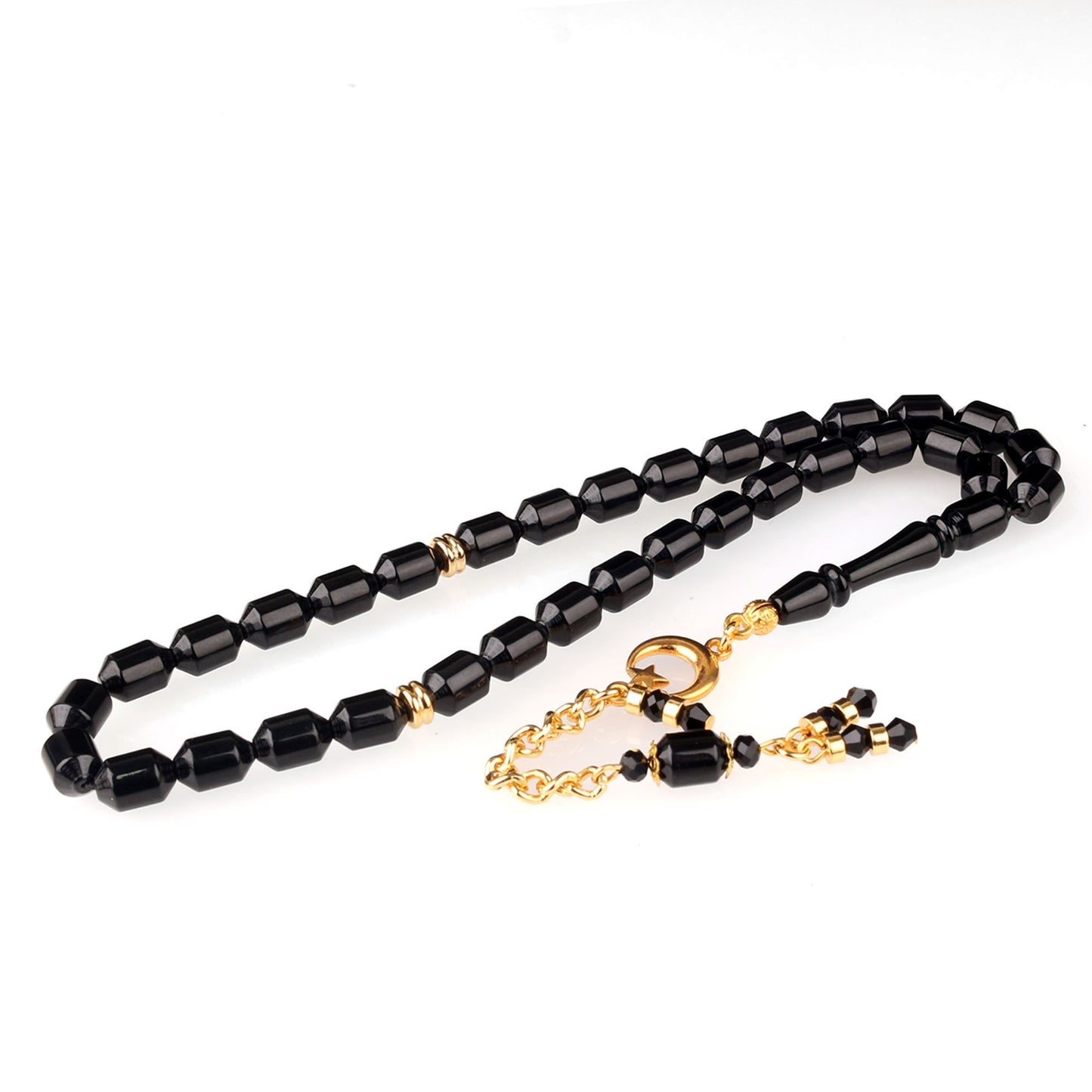 Ateş Kehribar Tesbih Siyah Kesme Taneli Ay Yıldız Püsküllü